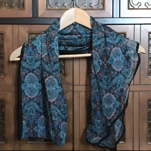Sheer Blue Floral Damask Tapered Boho Scarf - Picture 16 of 16